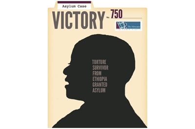 [ai] A stylized image featuring a silhouette of a person's head against a light background. Text below reads, "Torture survivor from Ethiopia granted asylum". The top of the image includes the word "VICTORY" and a file-like design labeled "Asylum Case No. 750".